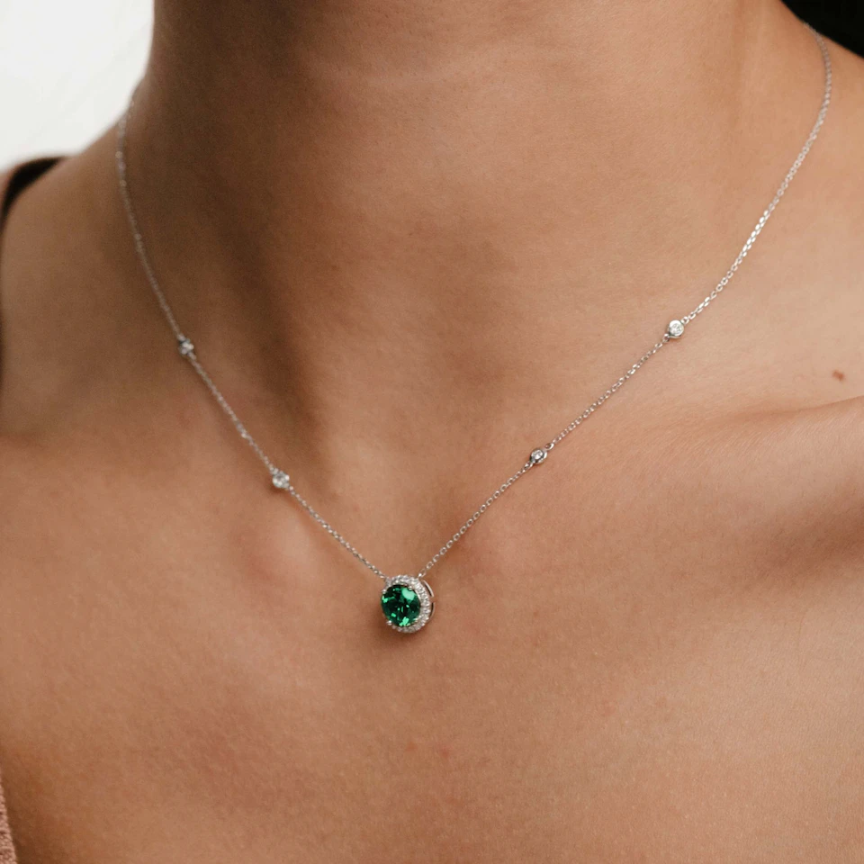 Astra 2.30ct Lab Emerald and Diamond Halo Round Cut Necklace in Silver