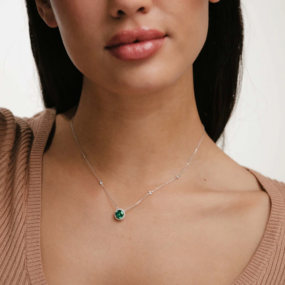 Astra 2.30ct Lab Emerald and Diamond Halo Round Cut Necklace in Silver