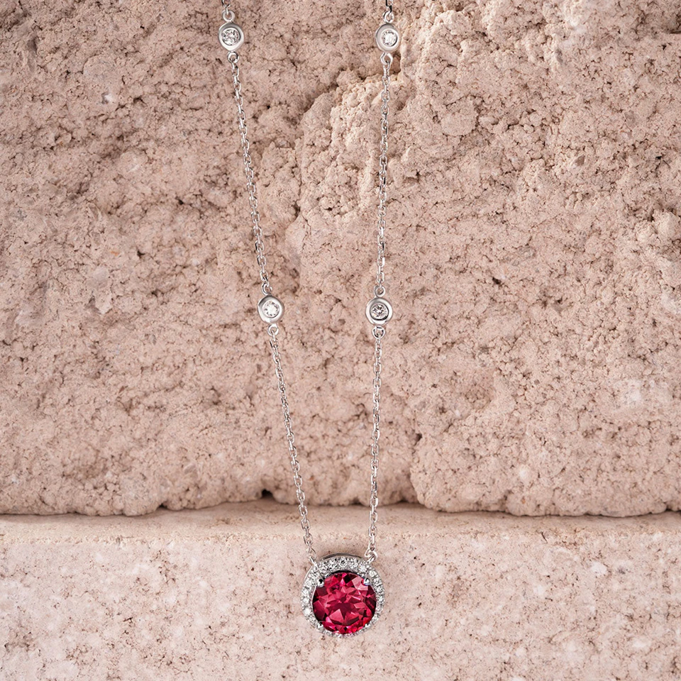 Astra 3.60ct Lab Ruby and Diamond Halo Round Cut Necklace in Silver
