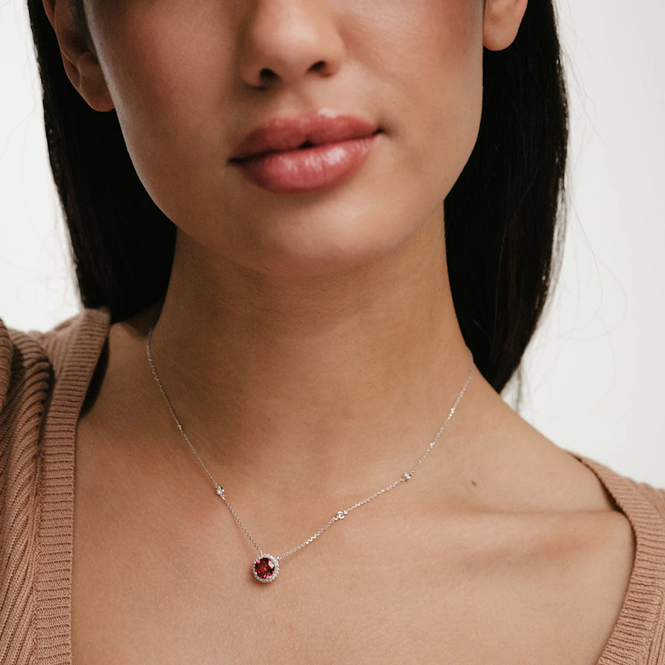 Astra 3.60ct Lab Ruby and Diamond Halo Round Cut Necklace in Silver
