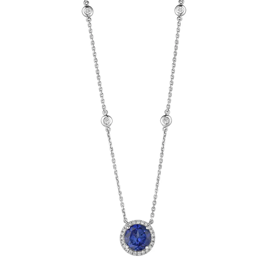 Astra 3.50ct Lab Sapphire and Diamond Halo Round Cut Necklace in Silver