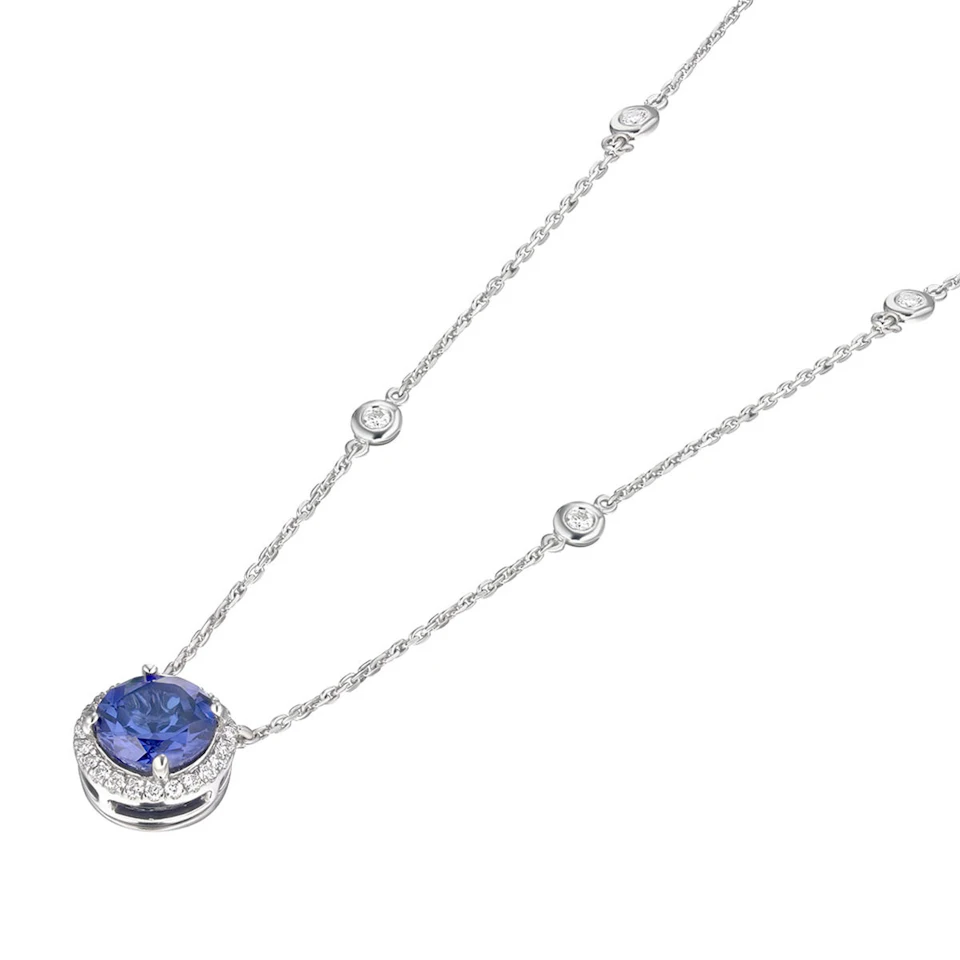 Astra 3.50ct Lab Sapphire and Diamond Halo Round Cut Necklace in Silver