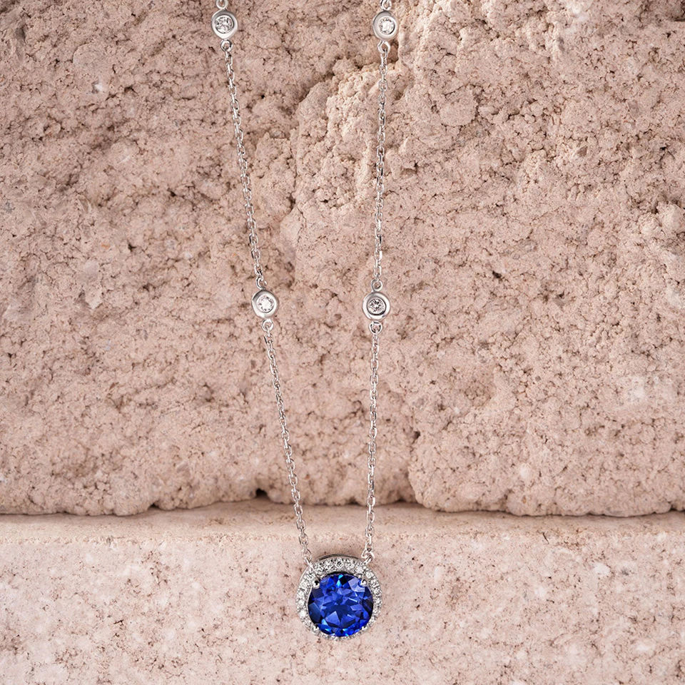 Astra 3.50ct Lab Sapphire and Diamond Halo Round Cut Necklace in Silver