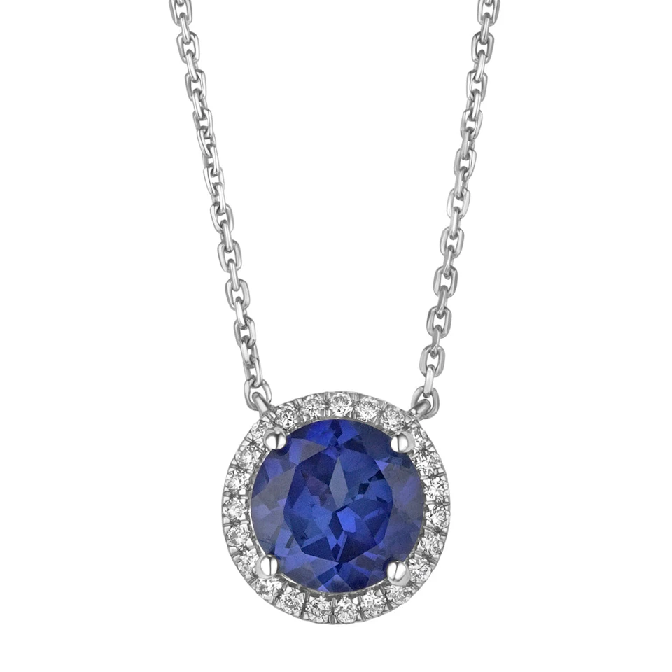 Astra 3.50ct Lab Sapphire and Diamond Halo Round Cut Necklace in Silver
