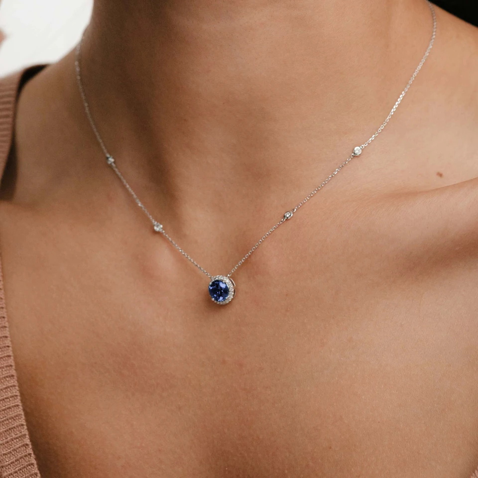 Astra 3.50ct Lab Sapphire and Diamond Halo Round Cut Necklace in Silver