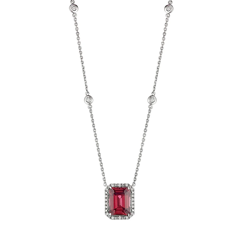 Astra 1.80ct Lab Ruby and Diamond Halo Octagon Cut Necklace in Silver