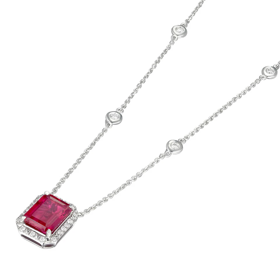 Astra 1.80ct Lab Ruby and Diamond Halo Octagon Cut Necklace in Silver