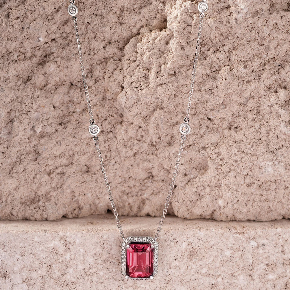 Astra 1.80ct Lab Ruby and Diamond Halo Octagon Cut Necklace in Silver