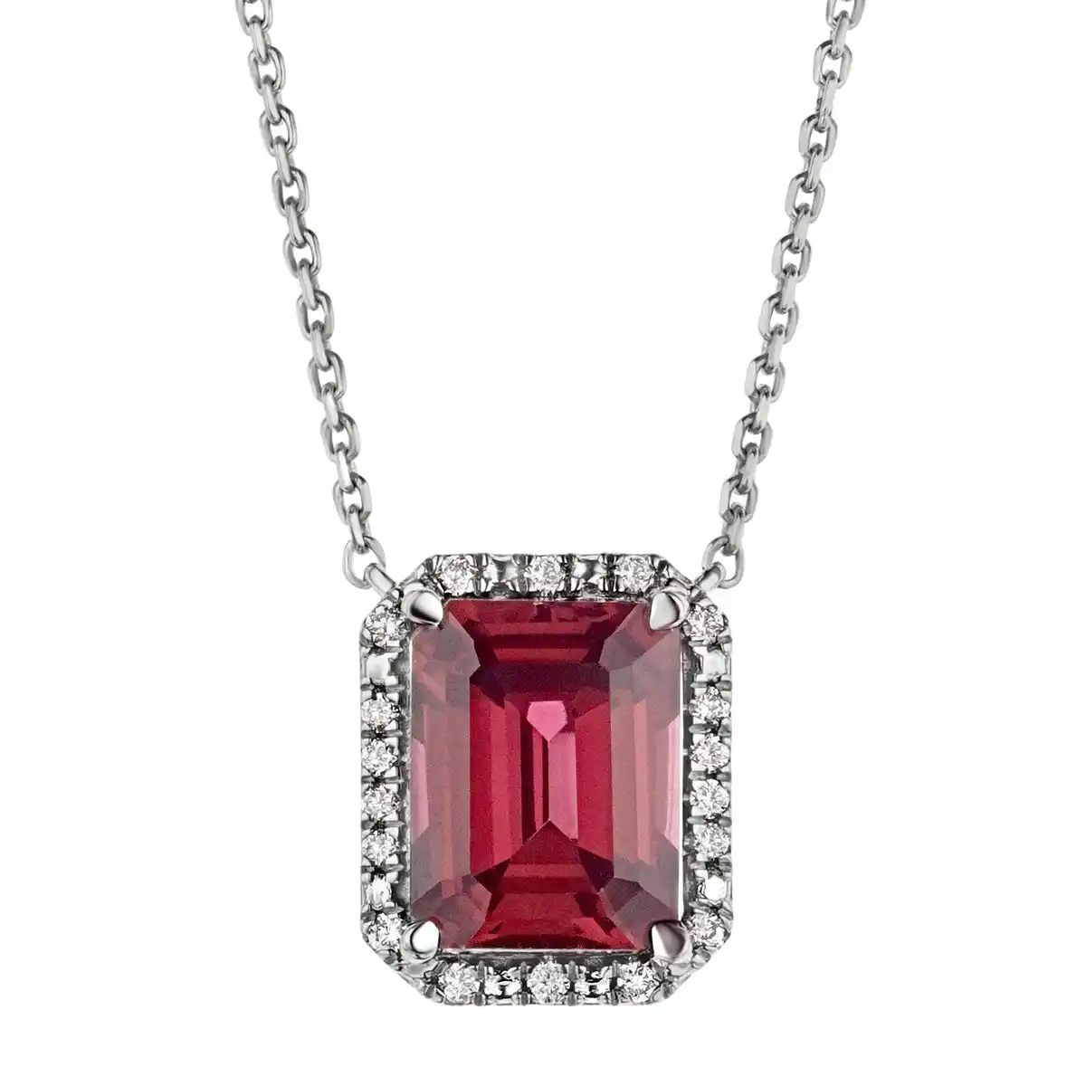 Astra 1.80ct Lab Ruby and Diamond Halo Octagon Cut Necklace in Silver
