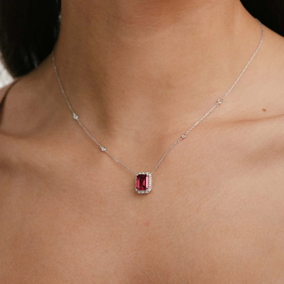 Astra 1.80ct Lab Ruby and Diamond Halo Octagon Cut Necklace in Silver