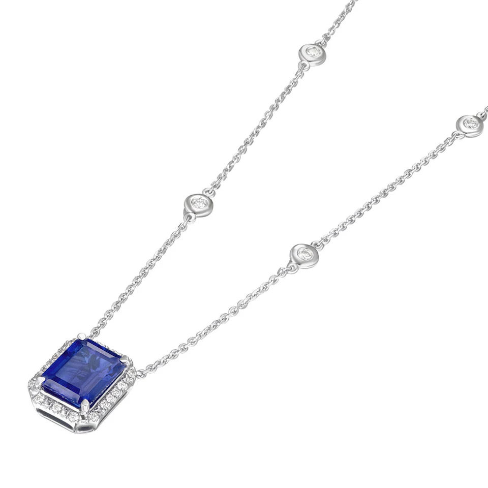 Astra 2.00ct Lab Sapphire and Diamond Halo Octagon Cut Necklace in Silver