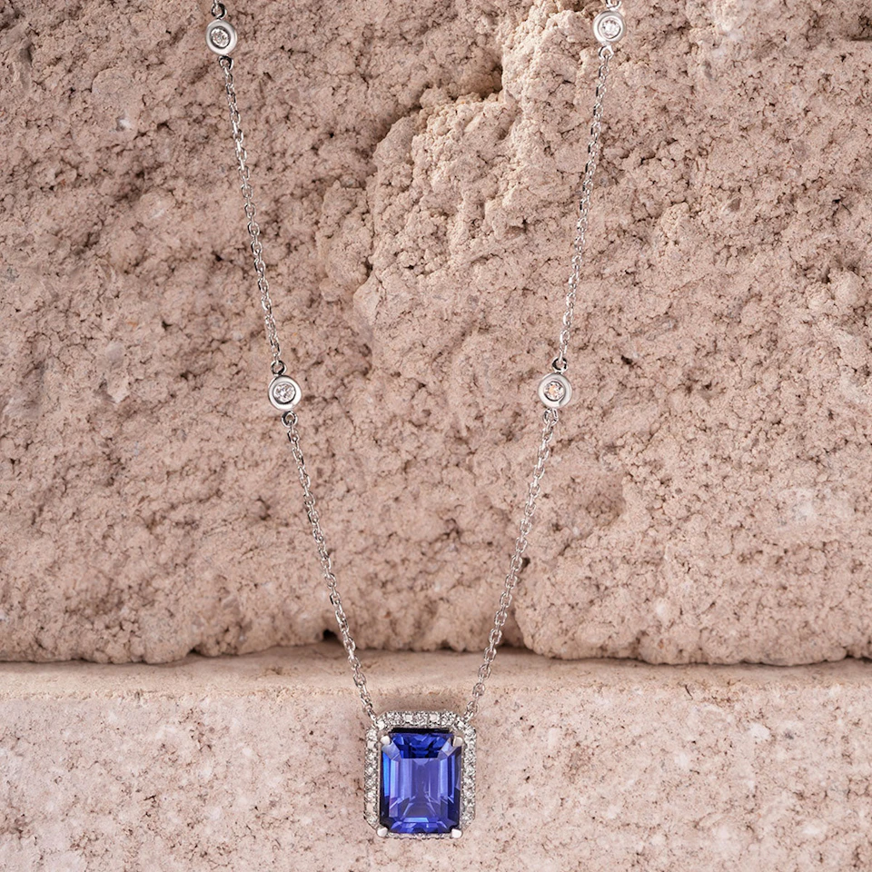 Astra 2.00ct Lab Sapphire and Diamond Halo Octagon Cut Necklace in Silver