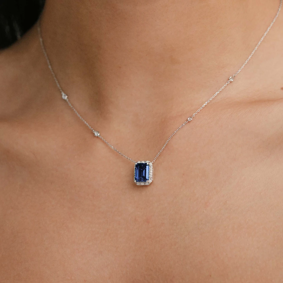 Astra 2.00ct Lab Sapphire and Diamond Halo Octagon Cut Necklace in Silver