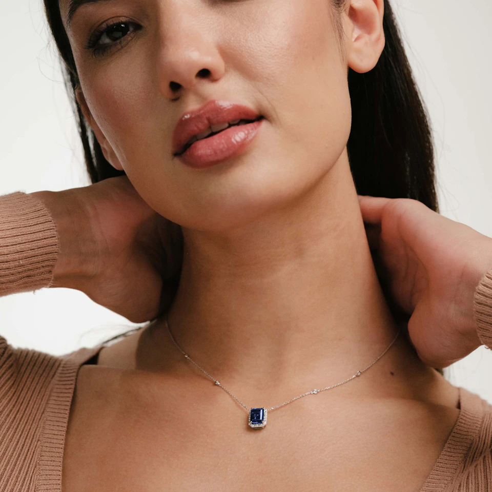 Astra 2.00ct Lab Sapphire and Diamond Halo Octagon Cut Necklace in Silver