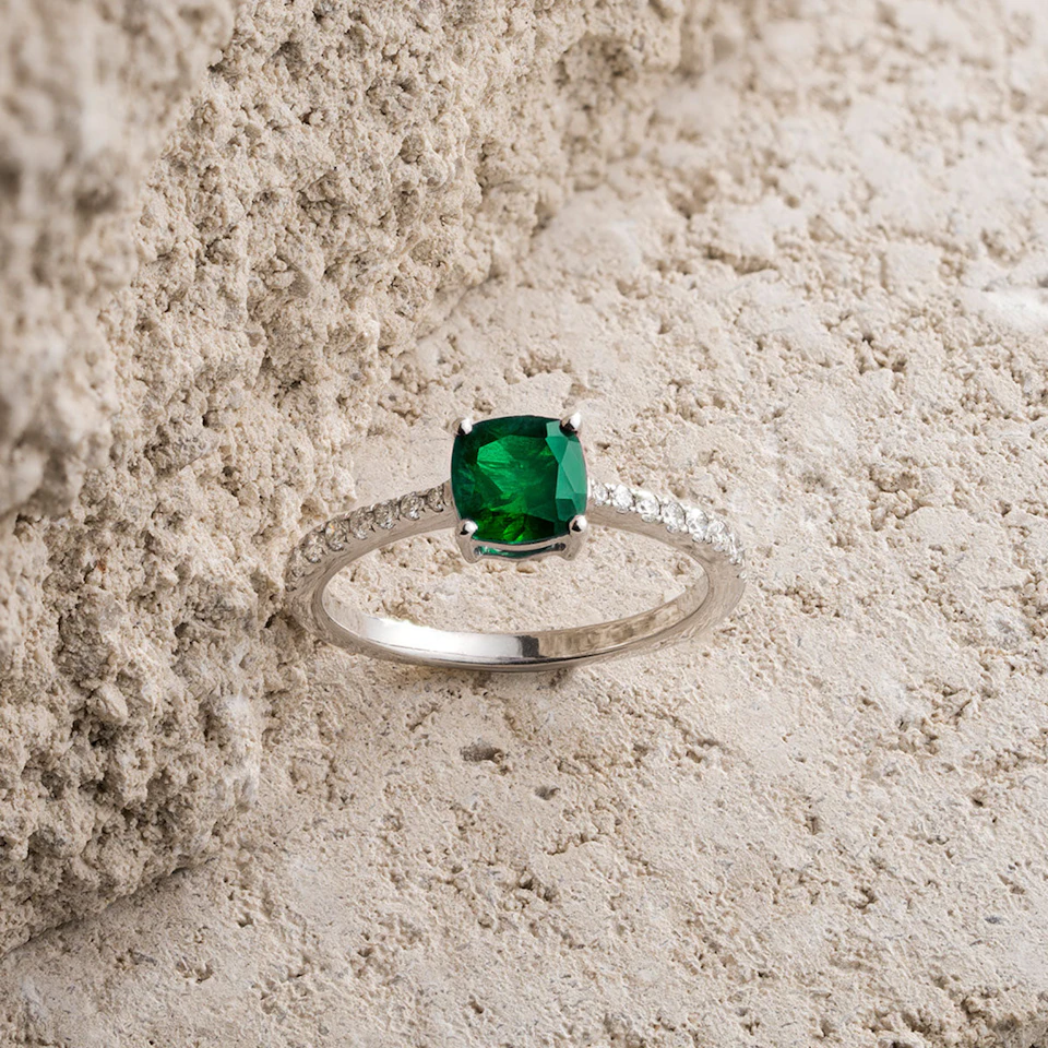 Astra 1.70ct Lab Emerald and Diamond Shoulder Set Cushion Cut Ring in Silver