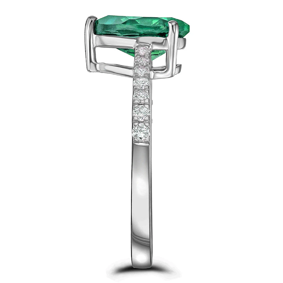 Astra 2.30ct Lab Emerald and Diamond Shoulder Set Pear Cut Ring in Silver