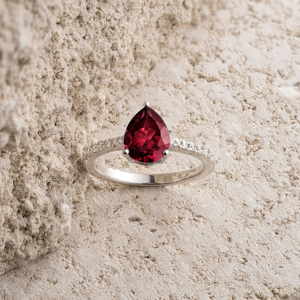 Astra 3.50ct Lab Ruby and Diamond Shoulder Set Pear Cut Ring in Silver