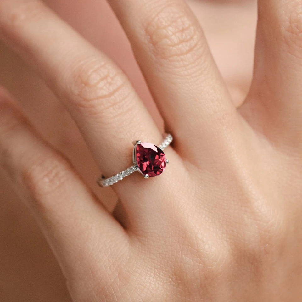 Astra 3.50ct Lab Ruby and Diamond Shoulder Set Pear Cut Ring in Silver