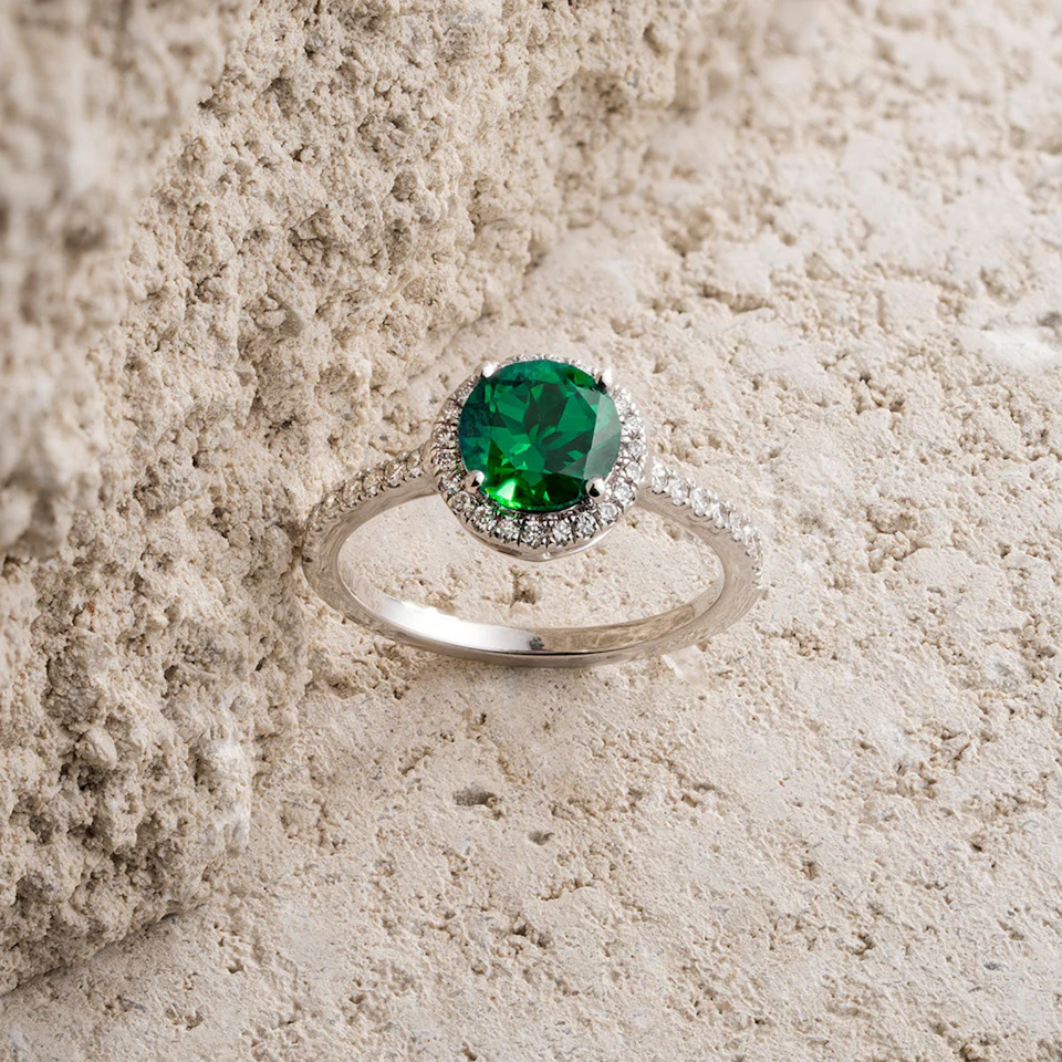 Astra 2.50ct Lab Emerald and Diamond Halo Shoulder Set Round Cut in Silver