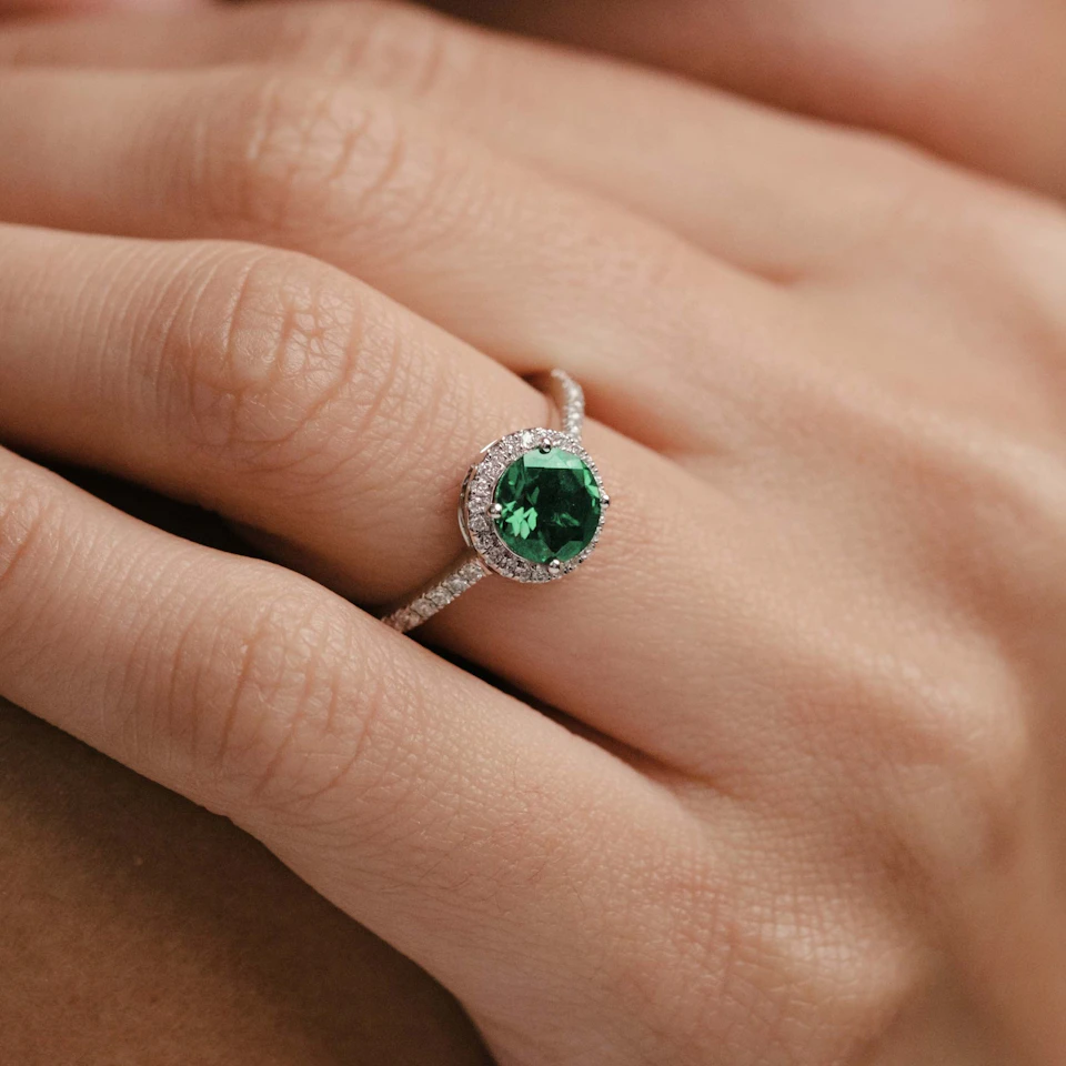 Astra 2.50ct Lab Emerald and Diamond Halo Shoulder Set Round Cut in Silver