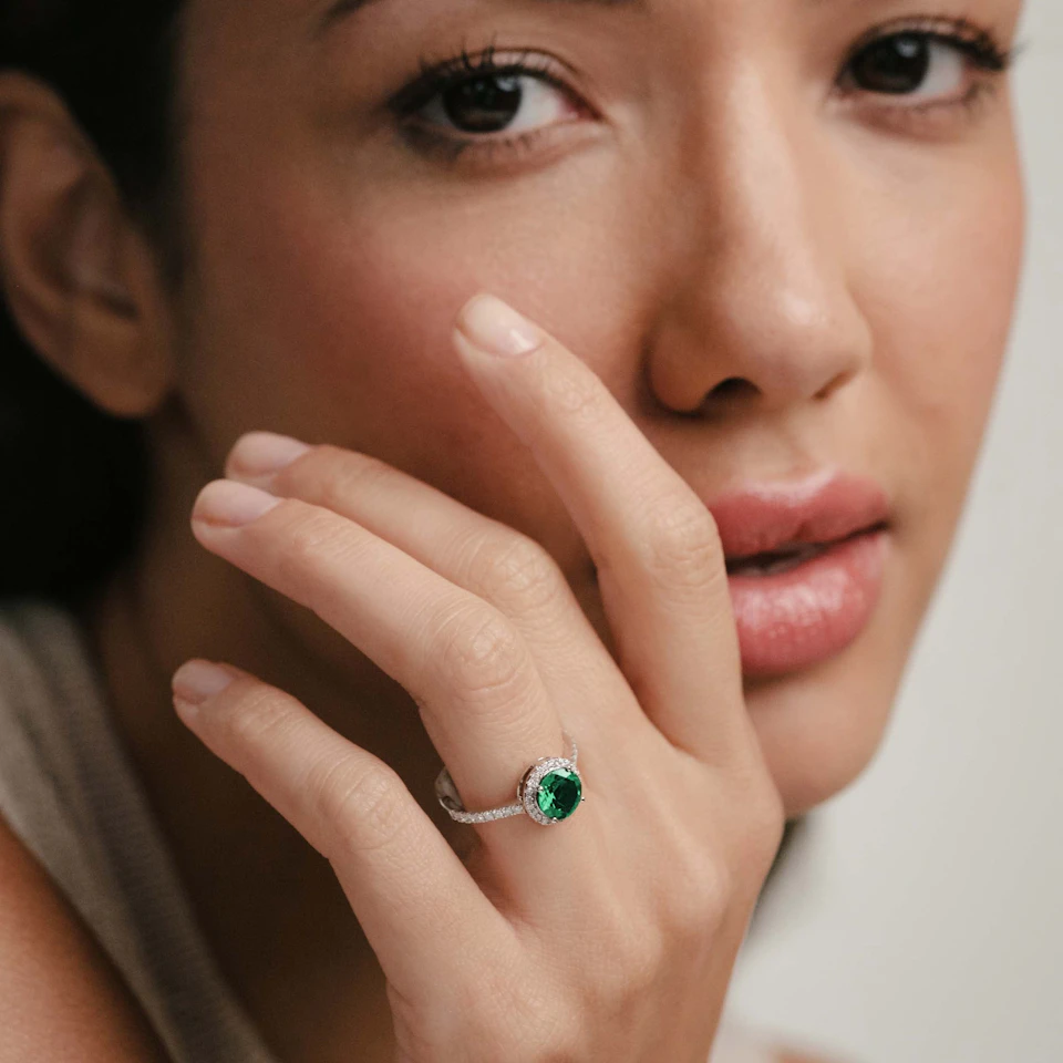 Astra 2.50ct Lab Emerald and Diamond Halo Shoulder Set Round Cut in Silver
