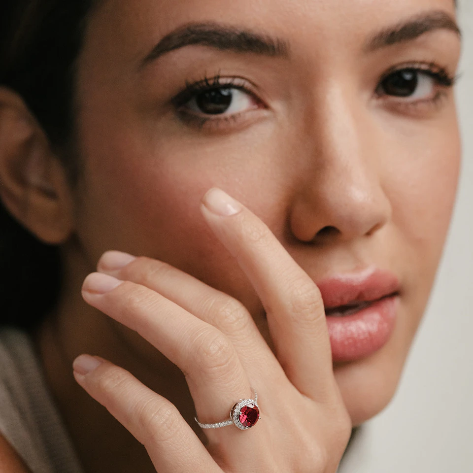 Astra 3.60ct Lab Ruby and Diamond Halo Shoulder Set Round Cut Ring in Silver