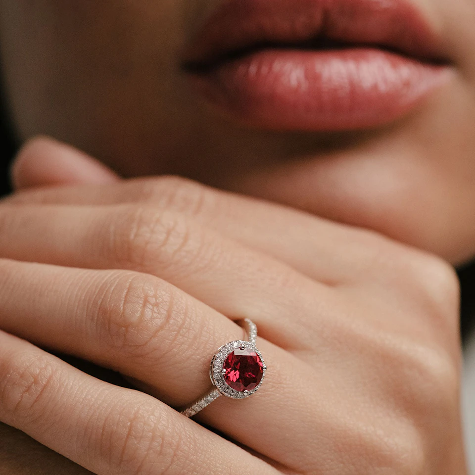 Astra 3.60ct Lab Ruby and Diamond Halo Shoulder Set Round Cut Ring in Silver