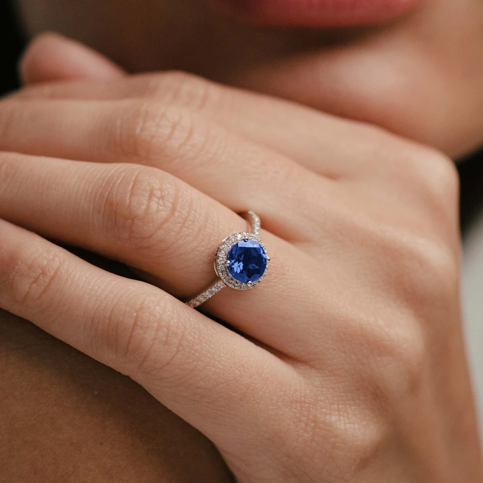 Astra 3.60ct Lab Sapphire and Diamond Halo Shoulder Set Round Cut in Silver