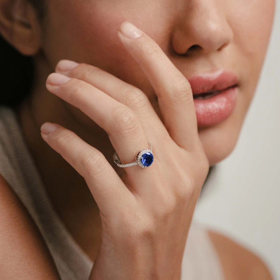 Astra 3.60ct Lab Sapphire and Diamond Halo Shoulder Set Round Cut in Silver