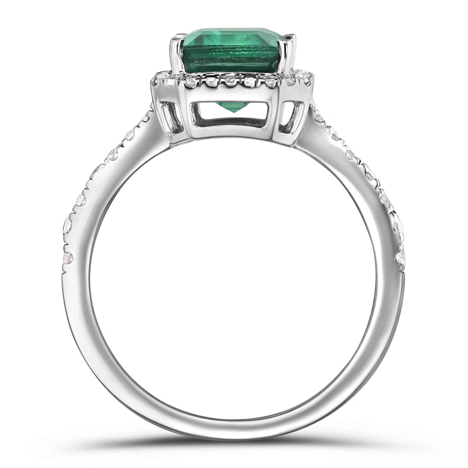 Astra 1.50ct Lab Emerald and Diamond Halo Shoulder Set Octagon Cut Ring in Silver