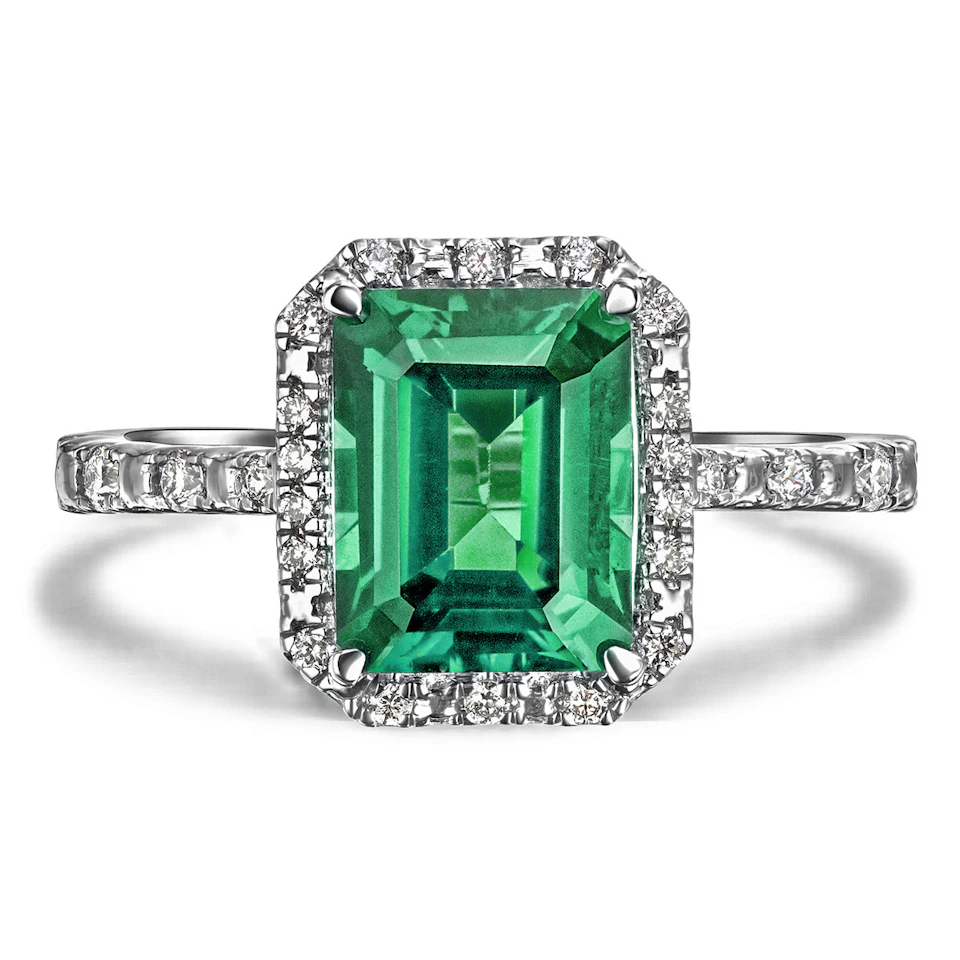 Astra 1.50ct Lab Emerald and Diamond Halo Shoulder Set Octagon Cut Ring in Silver