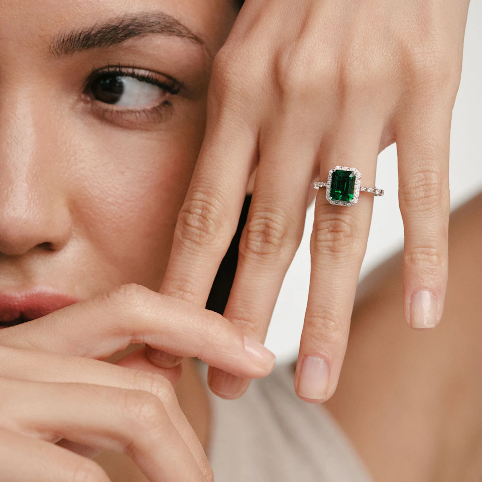 Astra 1.50ct Lab Emerald and Diamond Halo Shoulder Set Octagon Cut Ring in Silver