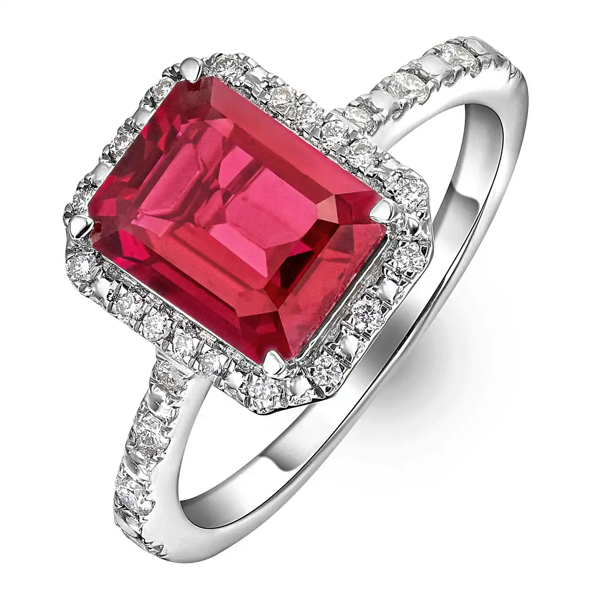 Astra 1.90ct Lab Ruby and Diamond Halo Shoulder Set Octagon Cut Ring in Silver