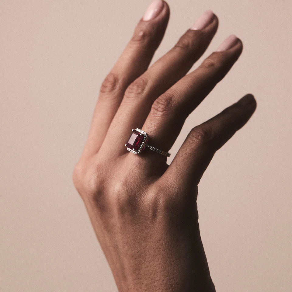 Astra 1.90ct Lab Ruby and Diamond Halo Shoulder Set Octagon Cut Ring in Silver