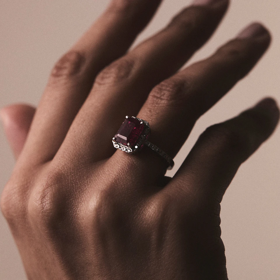 Astra 1.90ct Lab Ruby and Diamond Halo Shoulder Set Octagon Cut Ring in Silver