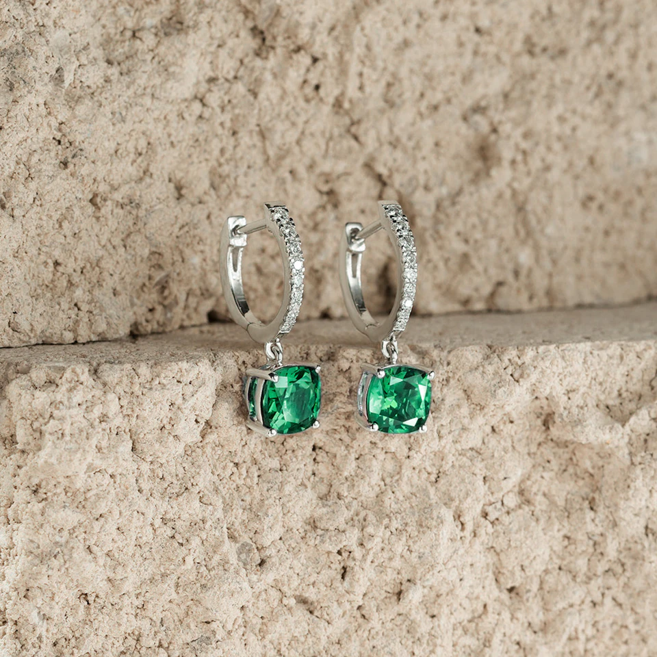 Astra 3.40ct Lab Emerald and Diamond Drop Cushion Cut Earrings in Silver