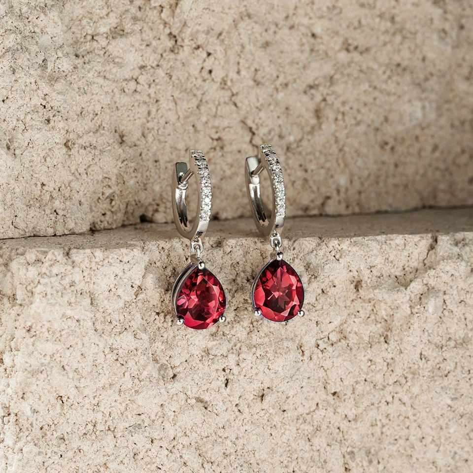 Astra 6.80ct Lab Ruby and Diamond Drop Pear Cut Earrings in Silver