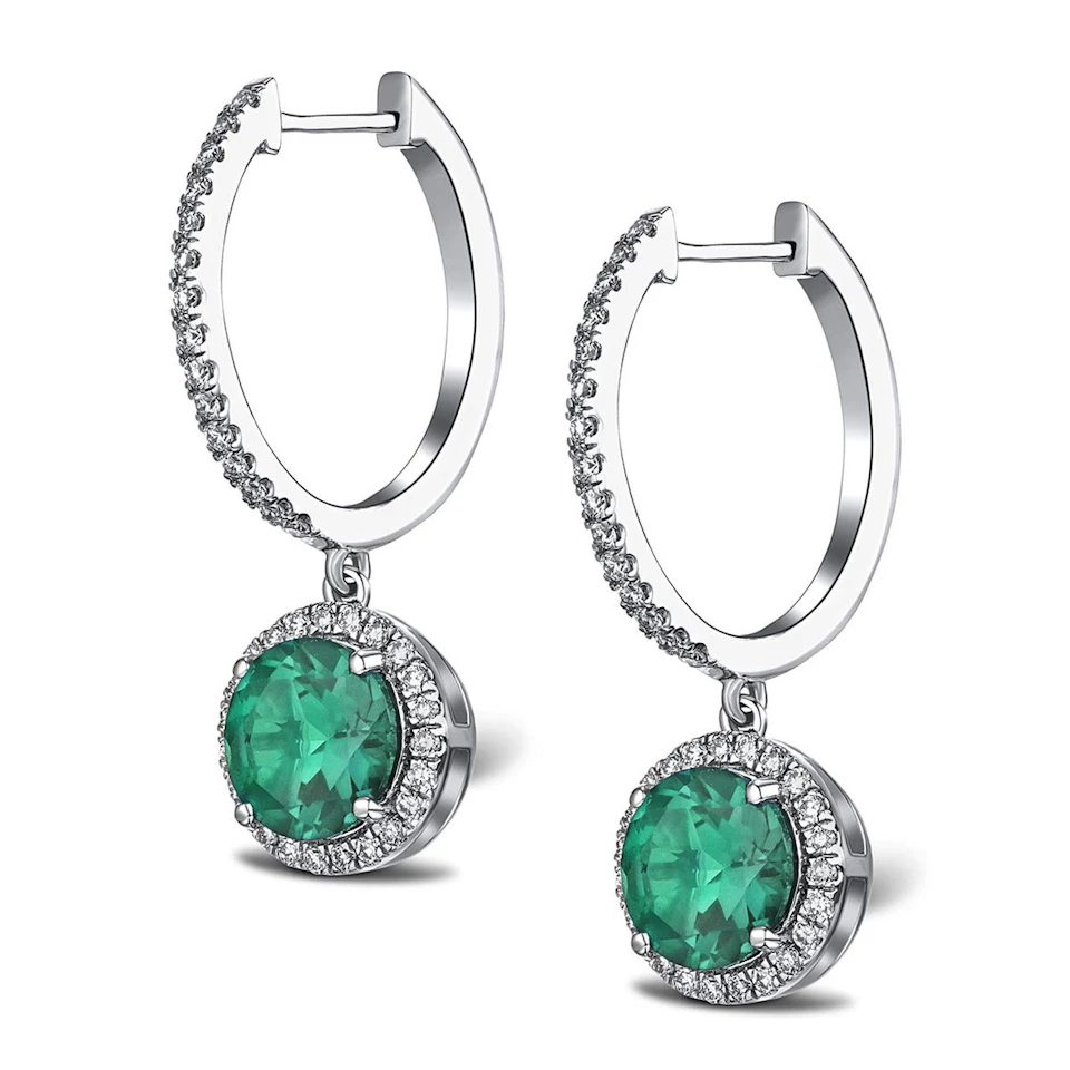 Astra 4.70ct Lab Emerald and Diamond Drop Halo Round Cut Earrings in Silver