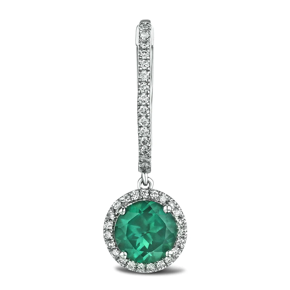 Astra 4.70ct Lab Emerald and Diamond Drop Halo Round Cut Earrings in Silver