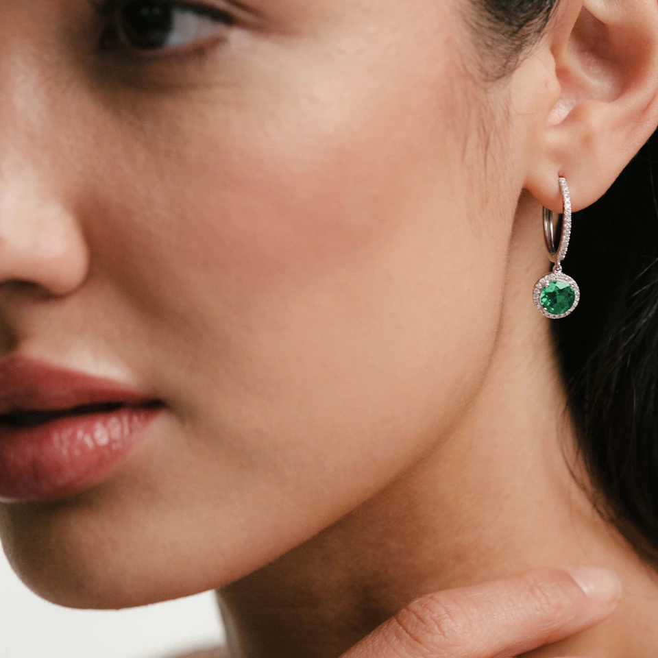 Astra 4.70ct Lab Emerald and Diamond Drop Halo Round Cut Earrings in Silver