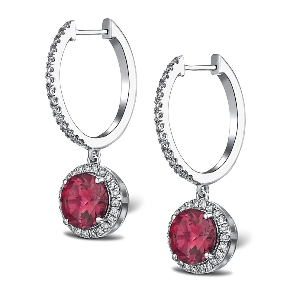 Astra 7.10ct Lab Ruby and Diamond Drop Halo Round Cut Earrings in Silver
