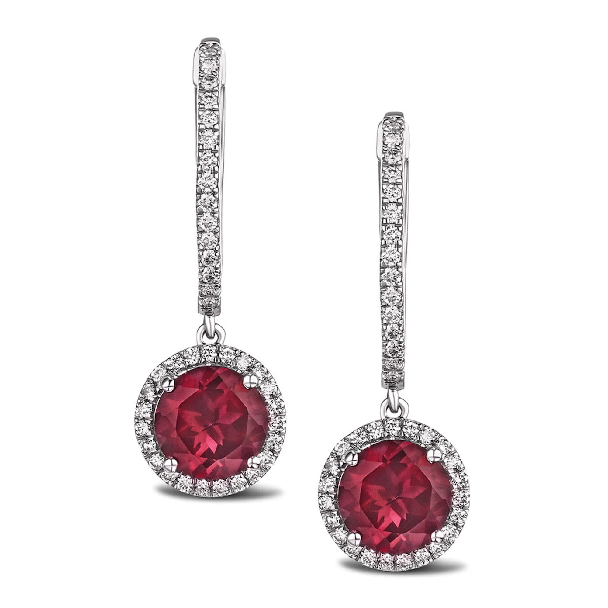 Astra 7.10ct Lab Ruby and Diamond Drop Halo Round Cut Earrings in Silver