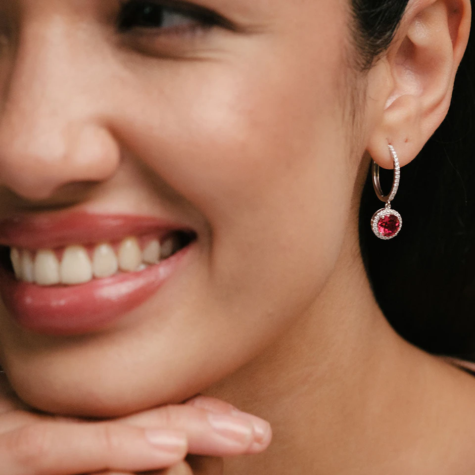 Astra 7.10ct Lab Ruby and Diamond Drop Halo Round Cut Earrings in Silver