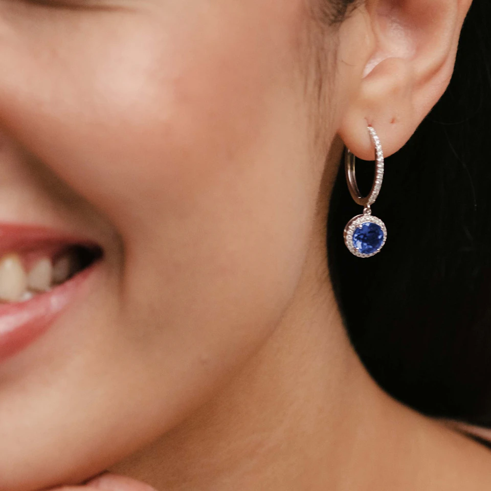 Astra 7.00ct Lab Sapphire and Diamond Drop Halo Round Cut Earrings in Silver