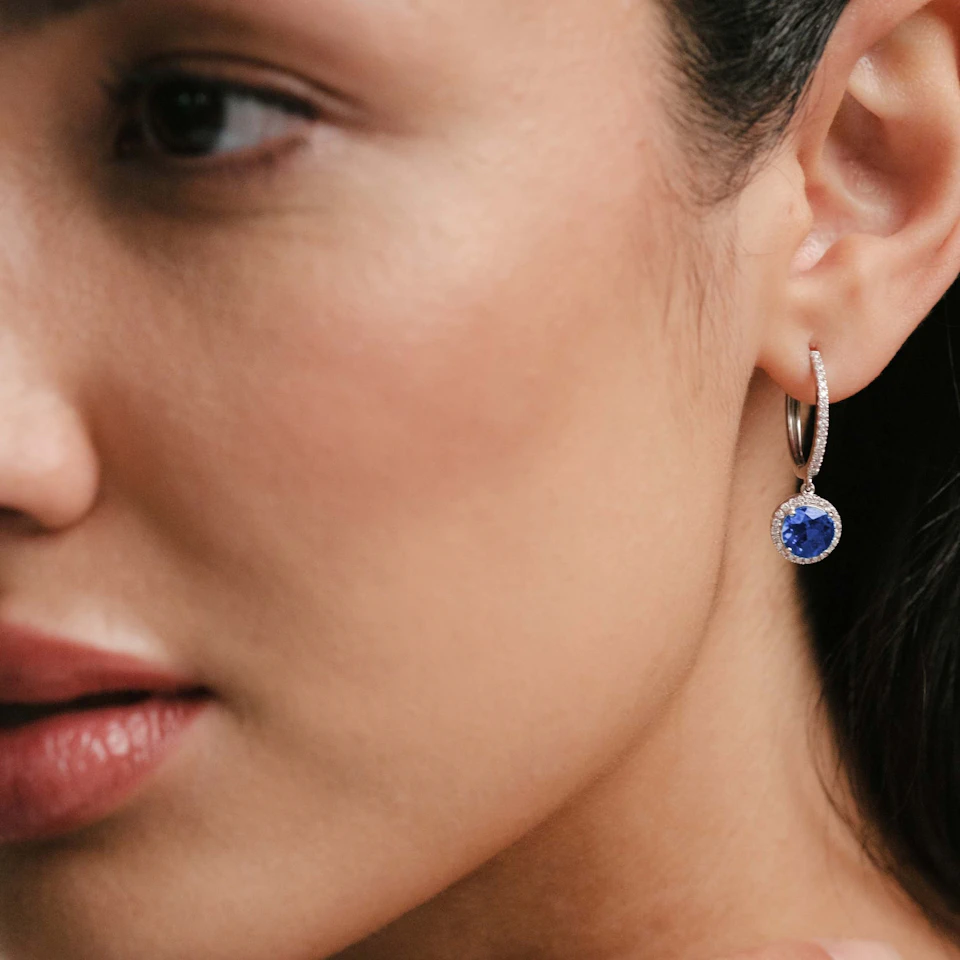 Astra 7.00ct Lab Sapphire and Diamond Drop Halo Round Cut Earrings in Silver