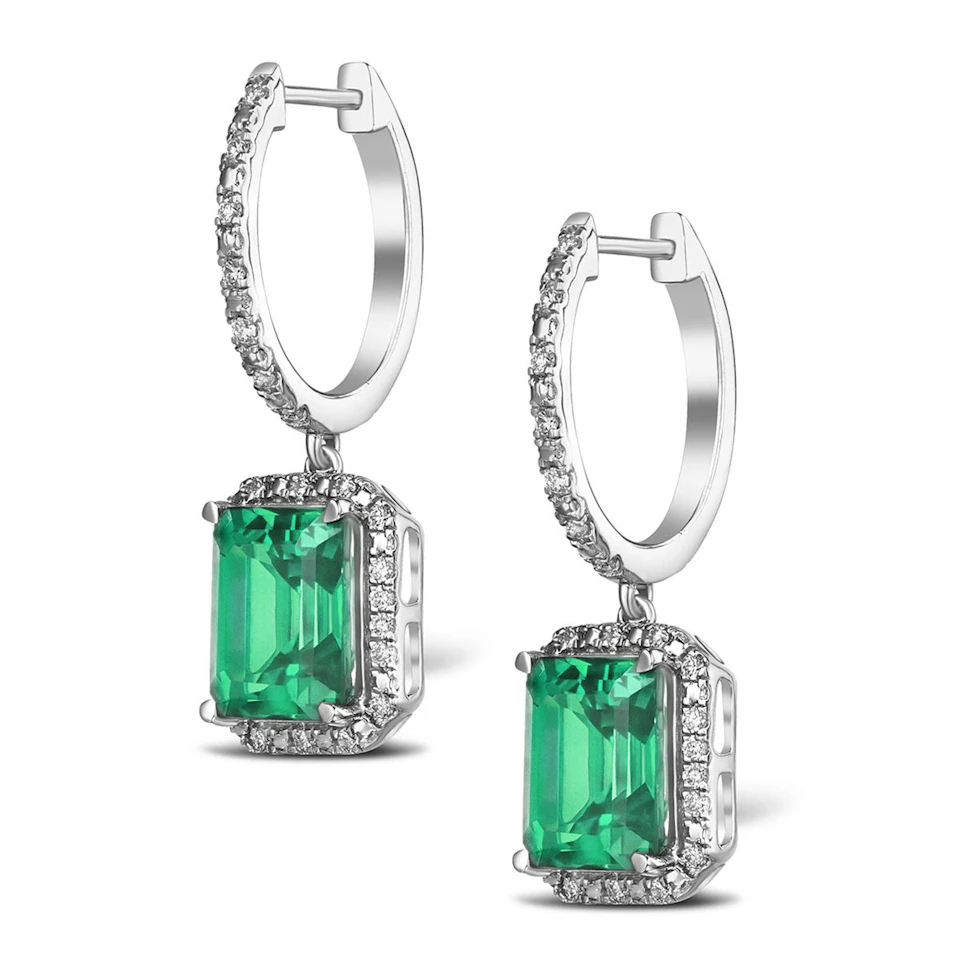 Astra 3.00ct Lab Emerald and Diamond Drop Halo Octagon Cut Earrings in Silver