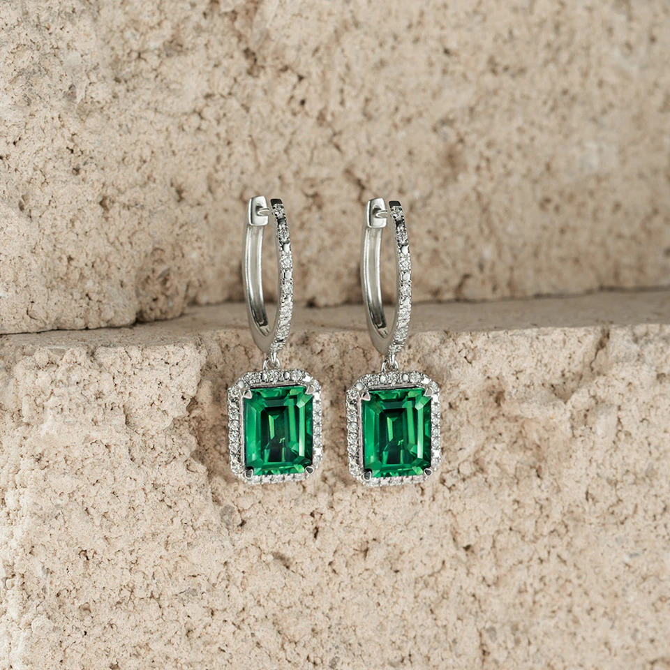 Astra 3.00ct Lab Emerald and Diamond Drop Halo Octagon Cut Earrings in Silver