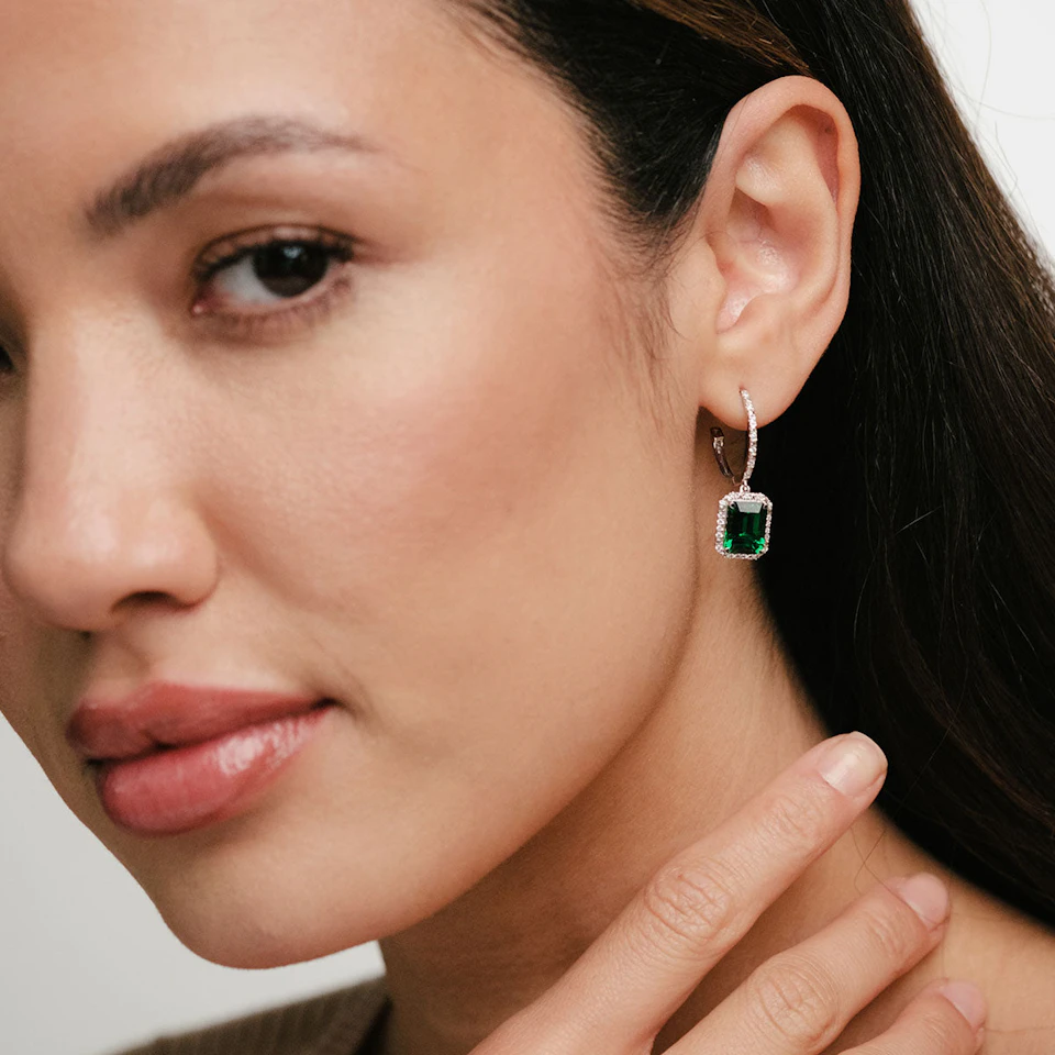 Astra 3.00ct Lab Emerald and Diamond Drop Halo Octagon Cut Earrings in Silver