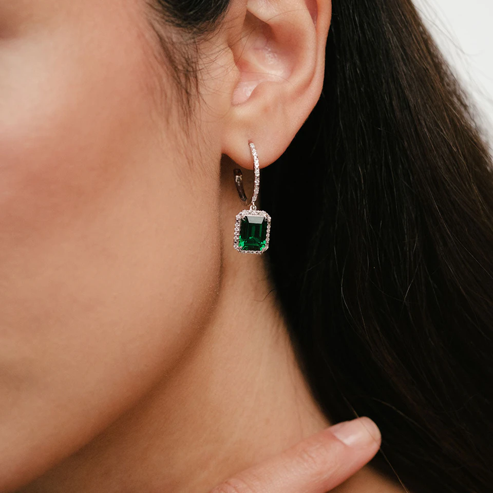 Astra 3.00ct Lab Emerald and Diamond Drop Halo Octagon Cut Earrings in Silver
