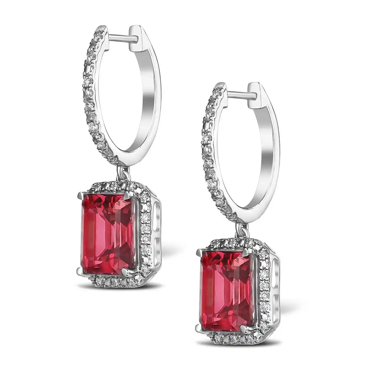Astra 3.50ct Lab Ruby and Diamond Drop Halo Octagon Cut Earrings in Silver